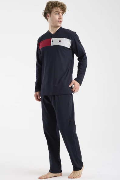 Blok Detaylı Regular Fit Pijama Takım - Lacivert - Resim 3