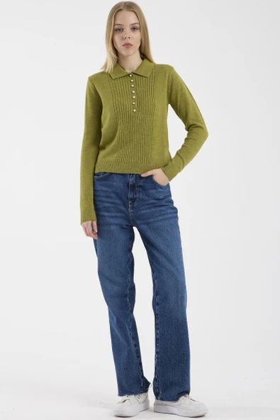İnci Düğmeli Yakalı Triko Kazak - Yeşil - Resim 2