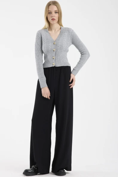 Düğmeli Pirinç Motifli Triko Hırka - Gri ürün görseli 1