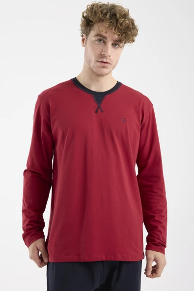 Bisiklet Yaka Uzun Kol Pijama Takım - Bordo - Resim 4