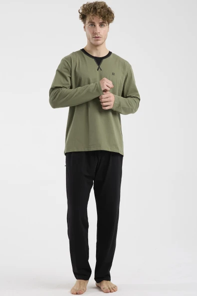 Bisiklet Yaka Uzun Kol Pijama Takım - Haki - Resim 3