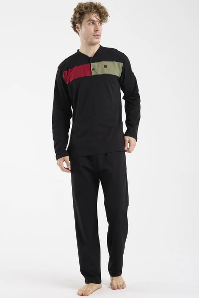 Blok Detaylı Regular Fit Pijama Takım - Siyah - Resim 3