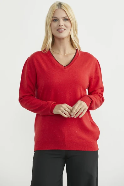 Sim Detaylı V Yaka Triko Kazak - Kırmızı - Resim 2