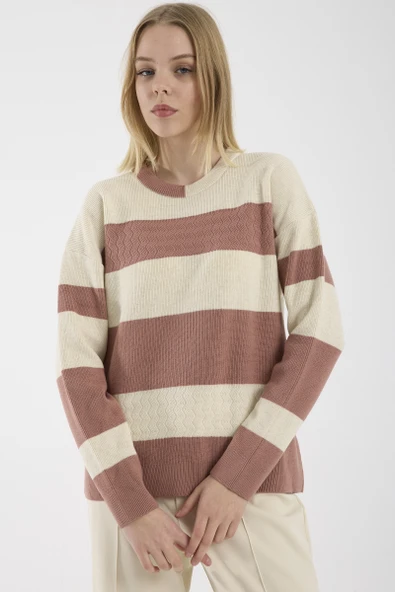 Blok Çizgili Düşük Omuzlu Triko Kazak - Gül - Resim 2