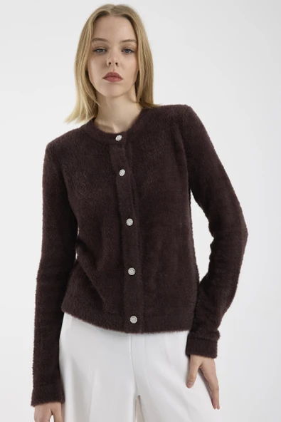 Sakallı Yumoş Düğmeli Triko Hırka - Kahve - Resim 2