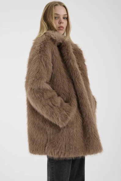 Astarlı Uzun Suni Kürk Kaban - Vizon - Resim 5