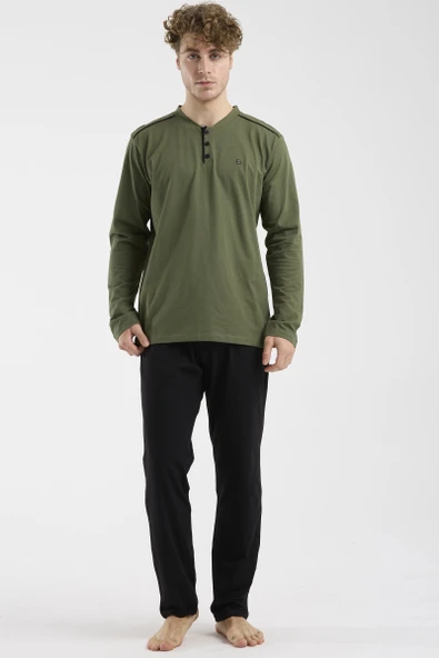 Düğme Yakalı Rahat Kalıp Pijama Takım - Haki ürün görseli 1