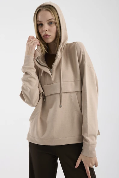 Oversize Yumuşak Dokulu Sweatshirt - Bej - Resim 5