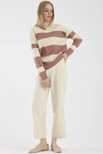 Blok Çizgili Düşük Omuzlu Triko Kazak - Gül - Resim 3