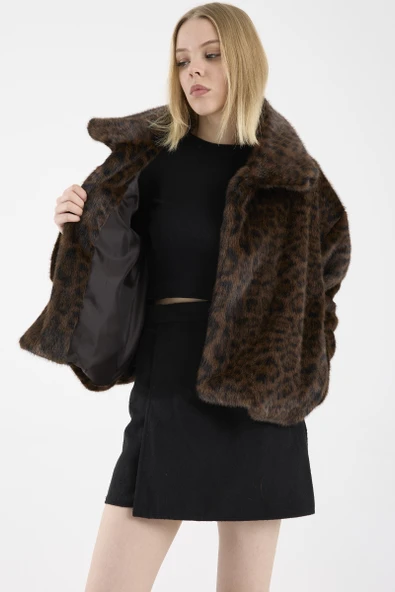Leopar Desenli Kısa Suni Kürk Kaban - Kahve - Resim 3