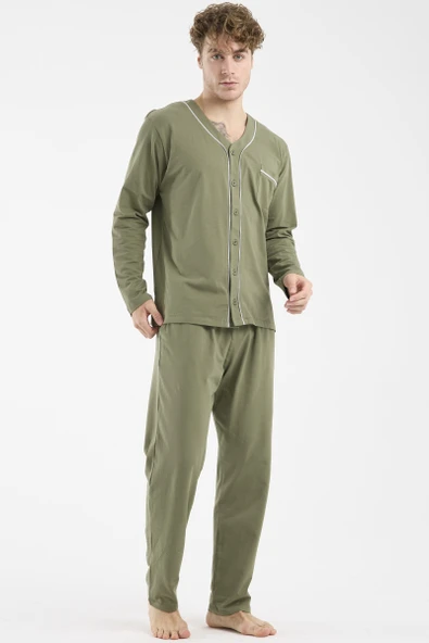 V Yaka Düğmeli Pijama Takım - Haki - Resim 2
