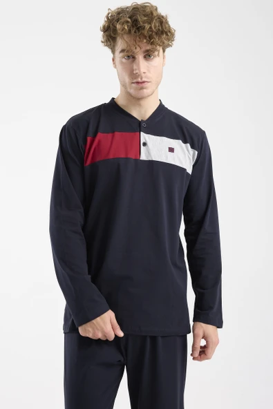 Blok Detaylı Regular Fit Pijama Takım - Lacivert - Resim 4