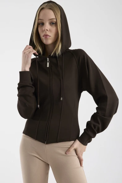 Yumuşak Dokulu Crop Sweatshirt - Kahve - Resim 5