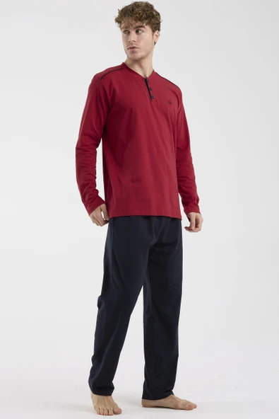 Düğme Yakalı Rahat Kalıp Pijama Takım - Bordo - Resim 3
