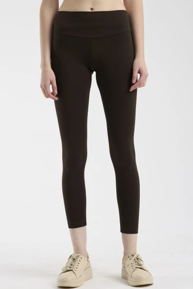 Yumuşak Dokulu Yüksek Bel Toparlayıcı Tayt - Kahve - Resim 3