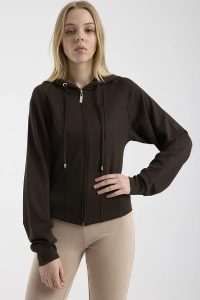 Yumuşak Dokulu Crop Sweatshirt - Kahve - Resim 4