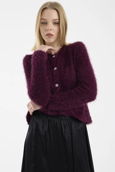 Sakallı Yumoş Düğmeli Triko Hırka - Bordo - Resim 2