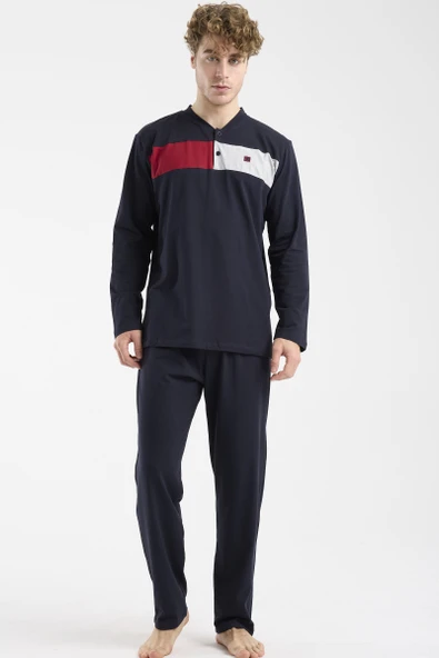 Blok Detaylı Regular Fit Pijama Takım - Lacivert - Resim 2