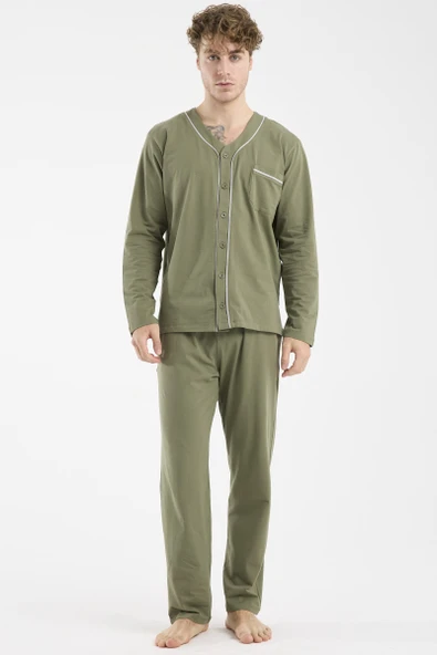 V Yaka Düğmeli Pijama Takım - Haki ürün görseli 1