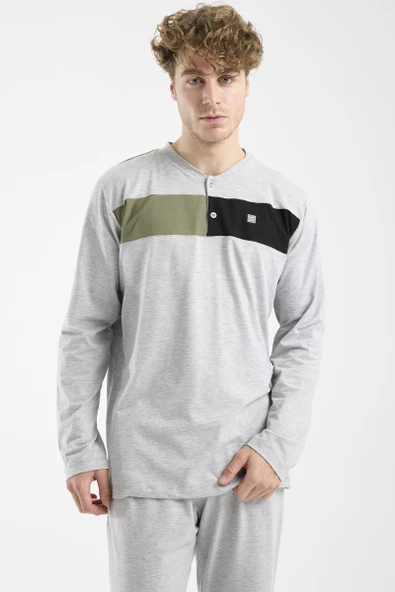 Blok Detaylı Regular Fit Pijama Takım - Gri - Resim 4