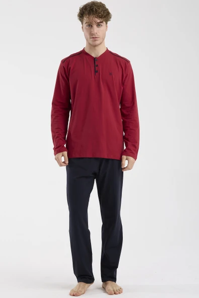 Düğme Yakalı Rahat Kalıp Pijama Takım - Bordo ürün görseli 1