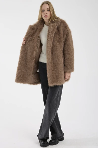 Astarlı Uzun Suni Kürk Kaban - Vizon - Resim 3