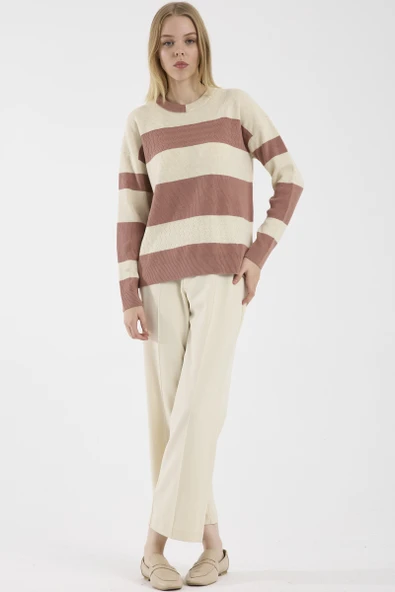 Blok Çizgili Düşük Omuzlu Triko Kazak - Gül ürün görseli 1