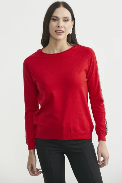 Yuvarlak Yaka Kol Detaylı Triko Kazak - Kırmızı - Resim 2