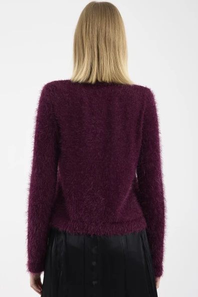 Sakallı Yumoş Düğmeli Triko Hırka - Bordo - Resim 5