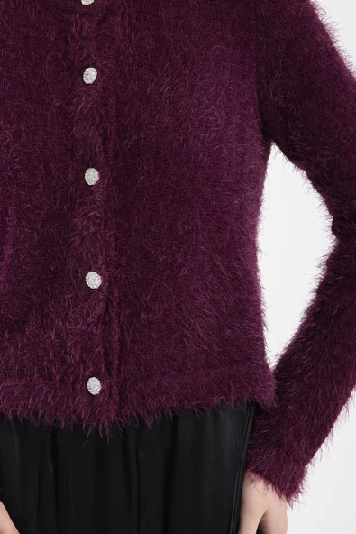 Sakallı Yumoş Düğmeli Triko Hırka - Bordo - Resim 4