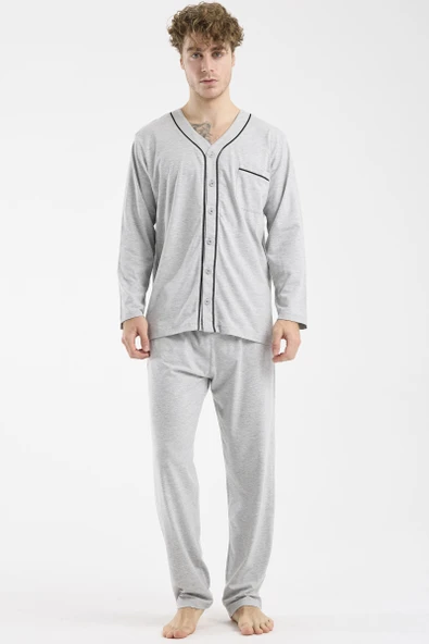 V Yaka Düğmeli Pijama Takım - Gri ürün görseli 1