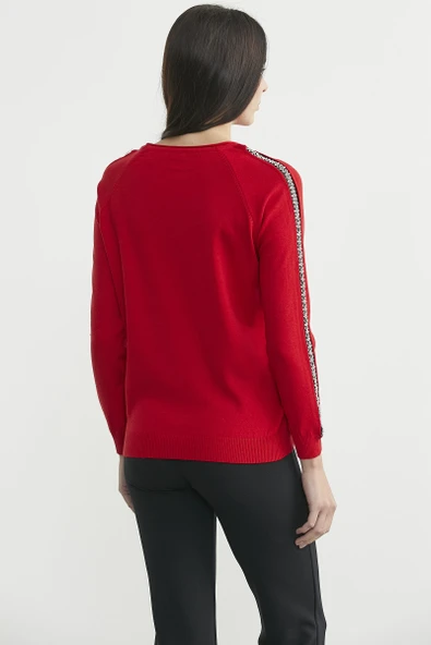 Yuvarlak Yaka Kol Detaylı Triko Kazak - Kırmızı - Resim 5