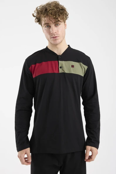 Blok Detaylı Regular Fit Pijama Takım - Siyah - Resim 5