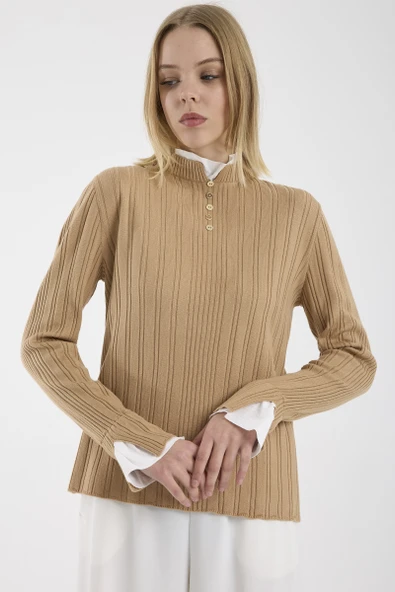 Parça Detaylı Fitilli Triko Kazak - Kamel - Resim 3