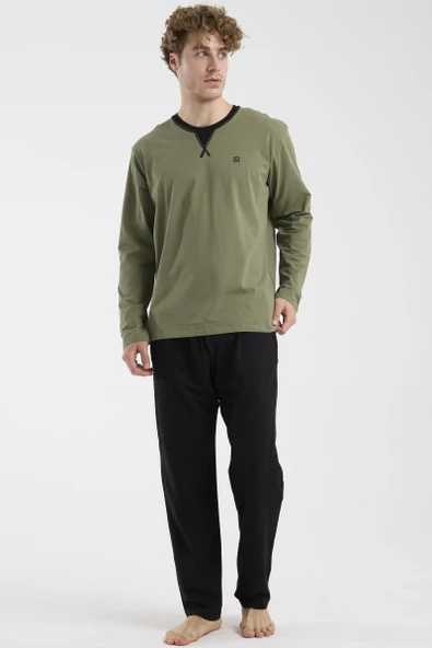 Bisiklet Yaka Uzun Kol Pijama Takım - Haki - Resim 2