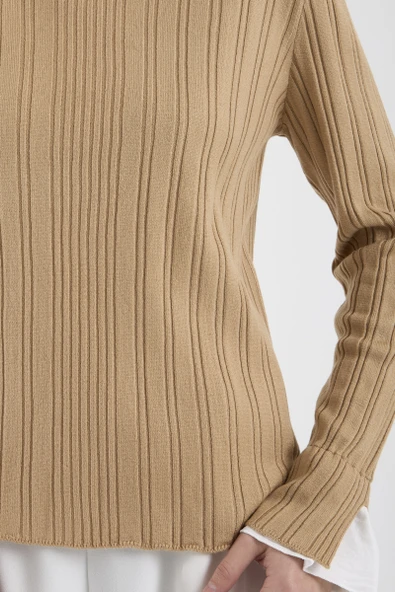 Parça Detaylı Fitilli Triko Kazak - Kamel - Resim 4