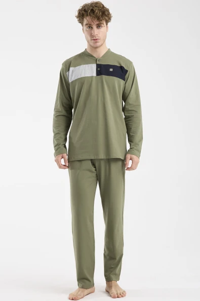 Blok Detaylı Regular Fit Pijama Takım - Haki ürün görseli 1