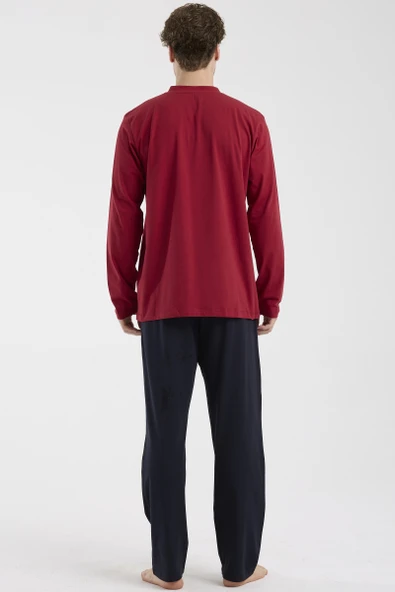 Düğme Yakalı Rahat Kalıp Pijama Takım - Bordo - Resim 6