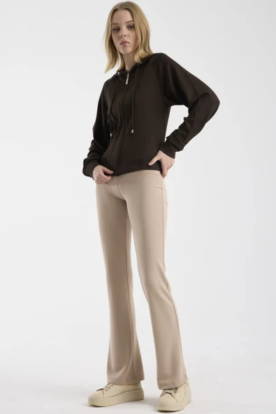 Yumuşak Dokulu Crop Sweatshirt - Kahve - Resim 2