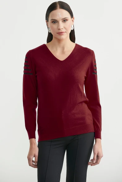 Sırt Detaylı V Yaka Triko Kazak - Bordo ürün görseli 1