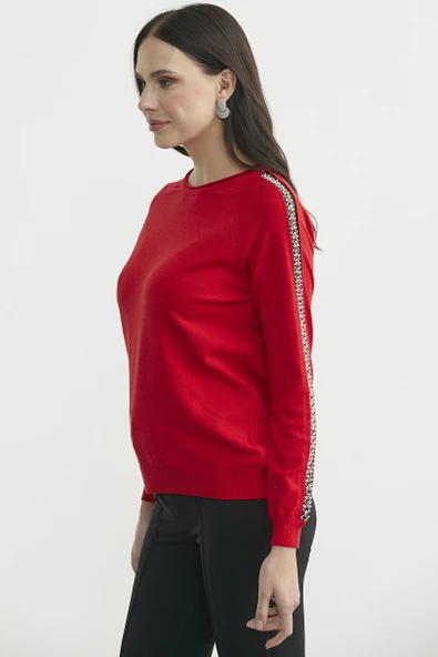 Yuvarlak Yaka Kol Detaylı Triko Kazak - Kırmızı - Resim 3