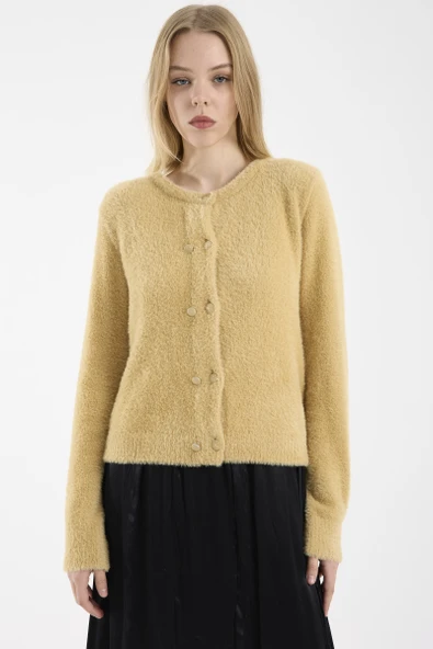 Metal Düğme Detaylı Sakallı Triko Hırka - Bej - Resim 2