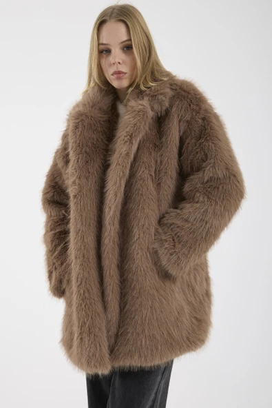 Astarlı Uzun Suni Kürk Kaban - Vizon - Resim 4