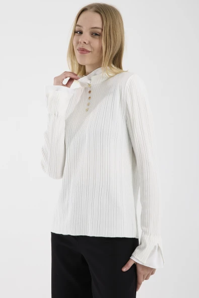 Parça Detaylı Fitilli Triko Kazak - Kemik - Resim 4