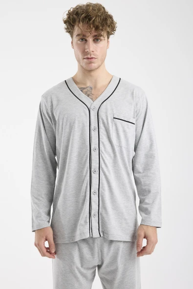 V Yaka Düğmeli Pijama Takım - Gri - Resim 4