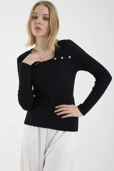 Kare Yaka Fitilli Triko Kazak - Siyah - Resim 2