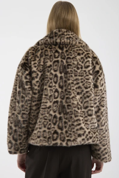 Leopar Desenli Kısa Suni Kürk Kaban - Bej - Resim 6