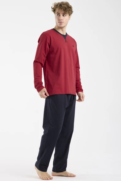 Bisiklet Yaka Uzun Kol Pijama Takım - Bordo - Resim 3