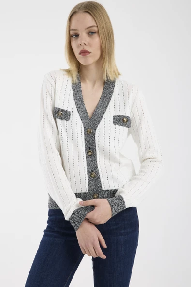 Kontrast Şeritli Triko Hırka - Kemik - Resim 2