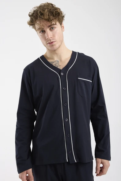 V Yaka Düğmeli Pijama Takım - Lacivert - Resim 4